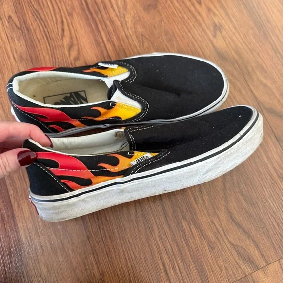 Vans Black Slip-Ons with Red and Yellow Flame Pattern - Picture 2 of 7